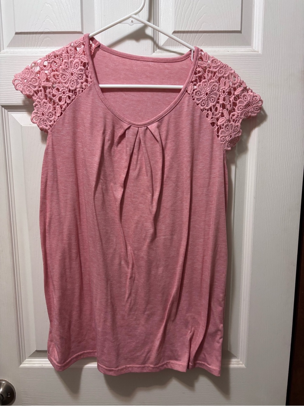 SHEIN Pink Crochet Cap-Sleeve Gathered Front Top